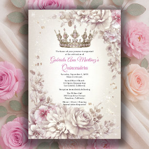 Pink Silver Crown Floral Quinceañera Invitation