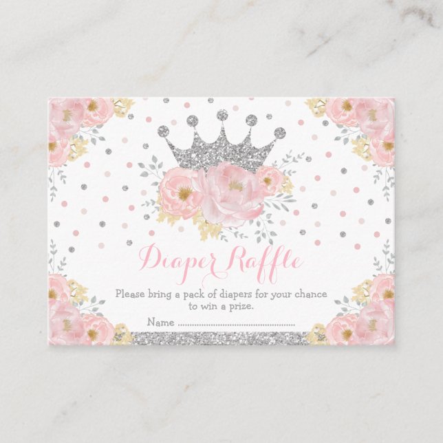 Pink Silver Crown Princess Baby Girl Diaper Raffle Enclosure Card (Front)