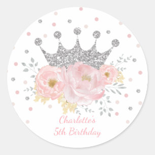 Pink Silver Crown Princess Floral Birthday Girl Classic Round Sticker