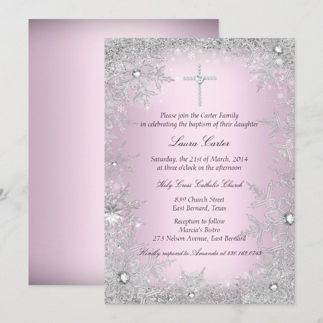 Pink Silver Crystal Snowflake Baptism/Christening Invitation (Front/Back)