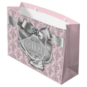 Pink Silver Damask Baby Girl Large Gift Bag