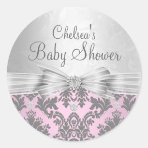Pink & Silver Damask Baby Shower Sticker