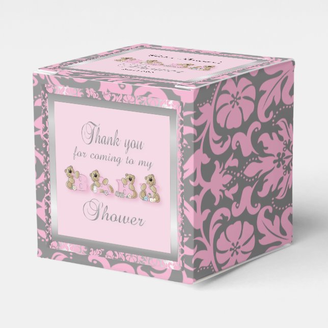 Pink & Silver Damask Teddy Bears | Baby Shower Favour Box (Front Side)