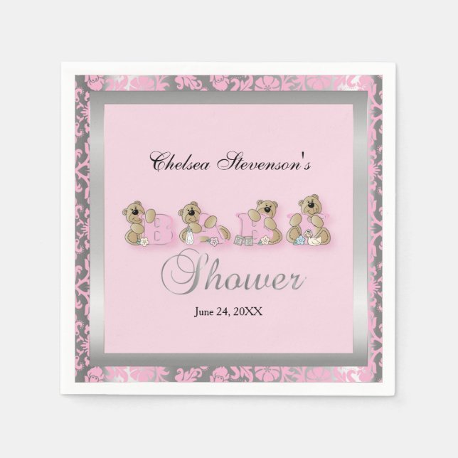 Pink & Silver Damask Teddy Bears | Baby Shower Napkin (Front)