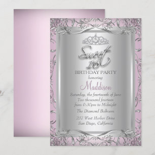 Pink Silver Damask Tiara Sweet 16 Invitation