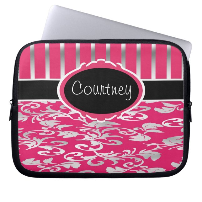 Pink & Silver Damask with Black Laptop Sleeve (Front)
