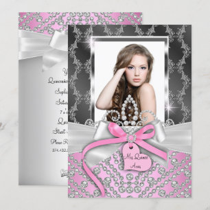 Pink Silver diamond Bow Photo Quinceanera Invite
