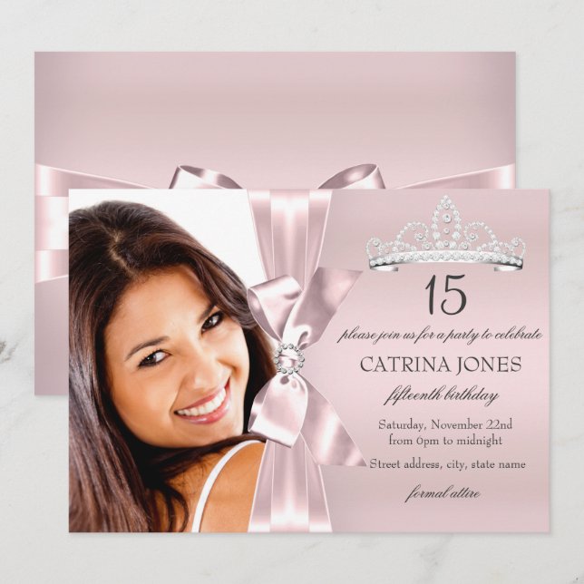 Pink Silver Diamond Bow & Tiara Quinceanera Invite (Front/Back)