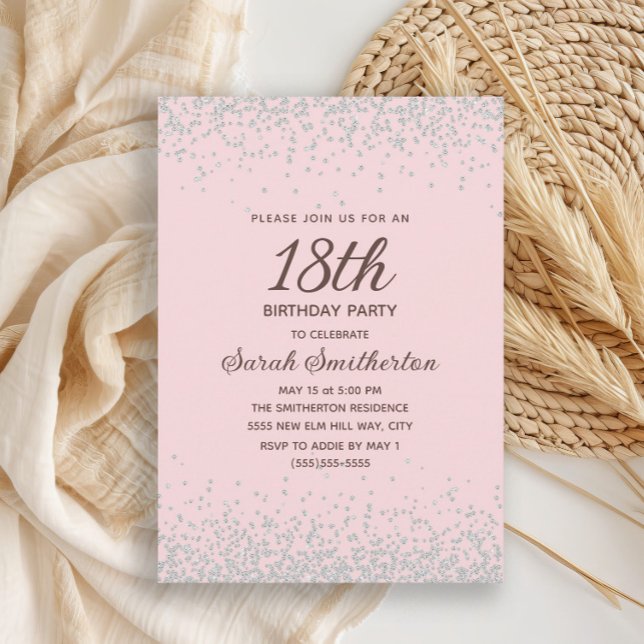 Pink Silver Diamond Glitter 18th Birthday Invitation (Elegant blush pink 18th birthday party invitation with silver glitter)
