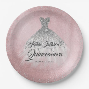 Pink Silver Diamond Sparkle Gown Quinceanera Paper Plate