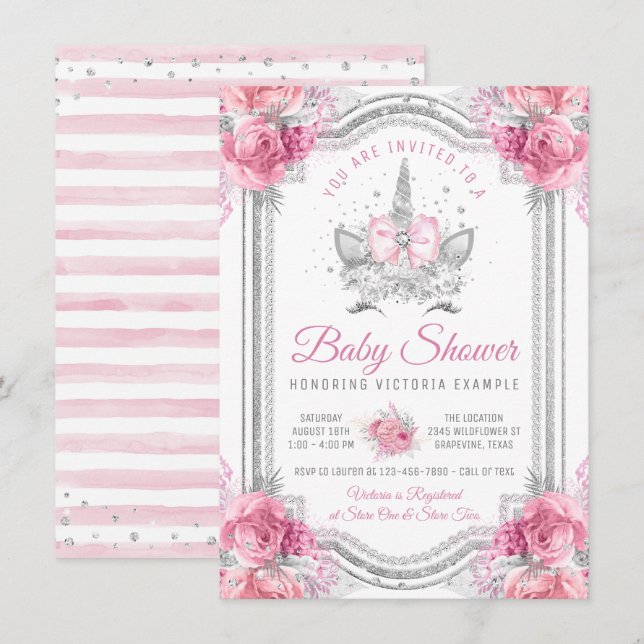 Pink Silver Diamond Unicorn Baby Shower Invitation (Front/Back)