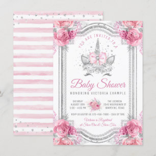 Pink Silver Diamond Unicorn Baby Shower Invitation