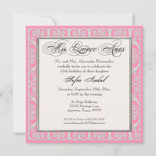 Pink & Silver, Diamonds & Lace, Mis Quince Anos Invitation (Front)