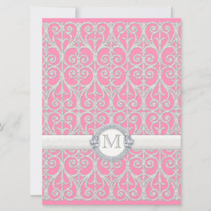 Pink Silver, Diamonds & Lace, Monogrammed Wedding Invitation