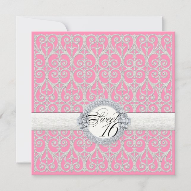 Pink & Silver, Diamonds & Lace, Sweet Sixteen 16 Invitation (Front)