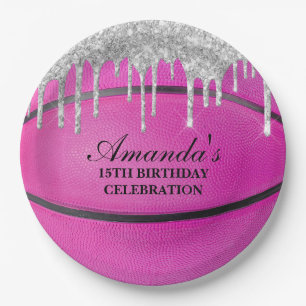 Pink Silver Drip Basketball Paper Plate