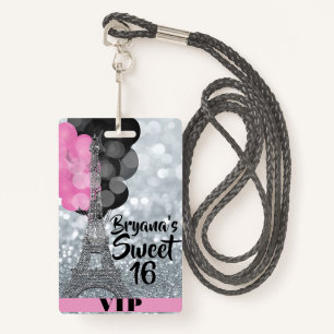Pink Silver Eiffel Tower Balloons VIP Pass Badge ID Badge