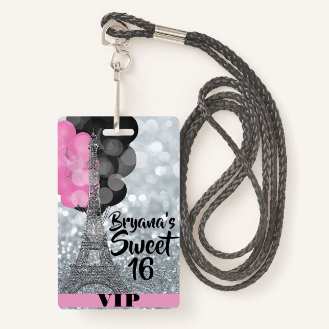 Pink Silver Eiffel Tower Balloons VIP Pass Badge ID Badge (Front with Lanyard)