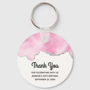 Pink & Silver Faux Glitter Border Stylish Birthday Key Ring