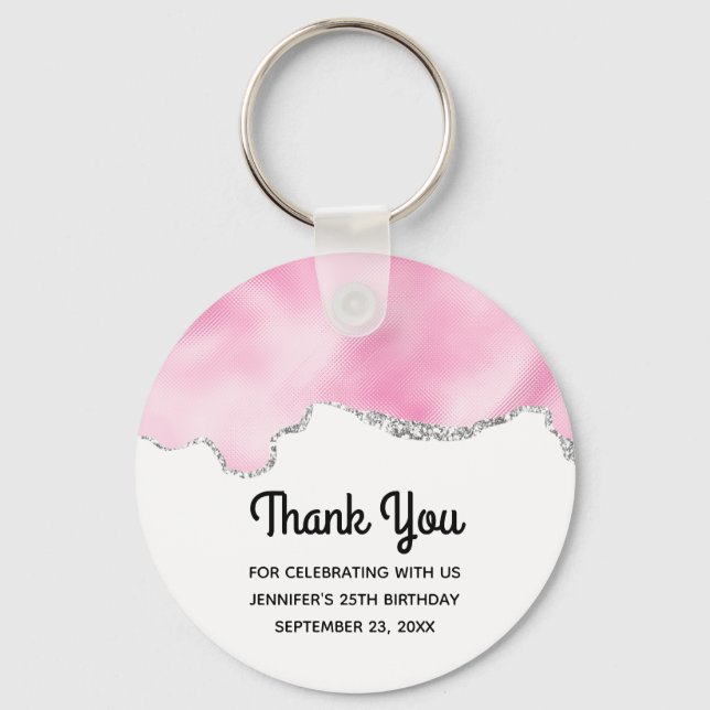 Pink & Silver Faux Glitter Border Stylish Birthday Key Ring (Front)