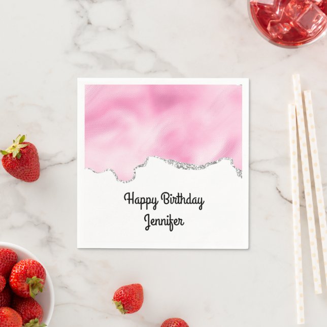 Pink & Silver Faux Glitter Border Stylish Birthday Napkin (Insitu)