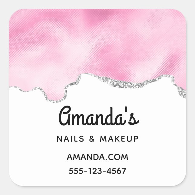 Pink & Silver Faux Glitter Border Stylish Business Square Sticker (Front)
