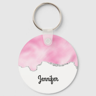 Pink & Silver Faux Glitter Border Stylish Key Ring
