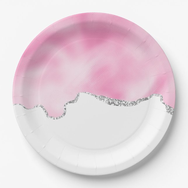 Pink & Silver Faux Glitter Border Stylish Paper Plate (Front)