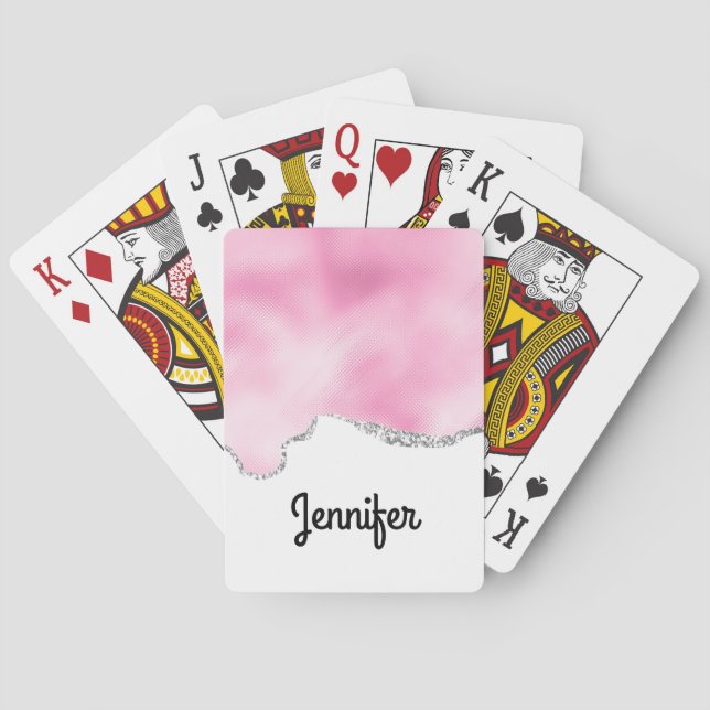 Pink & Silver Faux Glitter Border Stylish Playing Cards (Back)