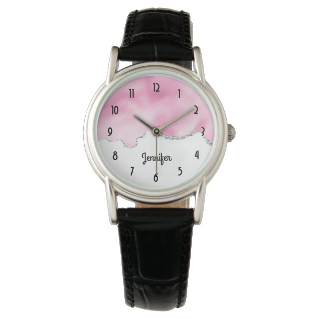 Pink & Silver Faux Glitter Border Stylish Watch (Front)