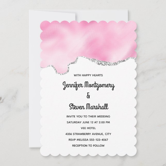 Pink & Silver Faux Glitter Border Stylish Wedding Invitation (Front)