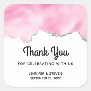 Pink & Silver Faux Glitter Border Stylish Wedding Square Sticker