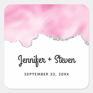 Pink & Silver Faux Glitter Border Stylish Wedding Square Sticker