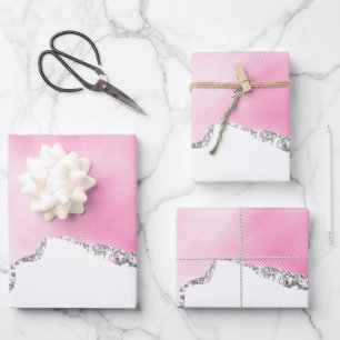 Pink & Silver Faux Glitter Border Stylish Wrapping Paper Sheet