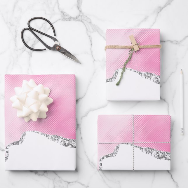 Pink & Silver Faux Glitter Border Stylish Wrapping Paper Sheet (Front)