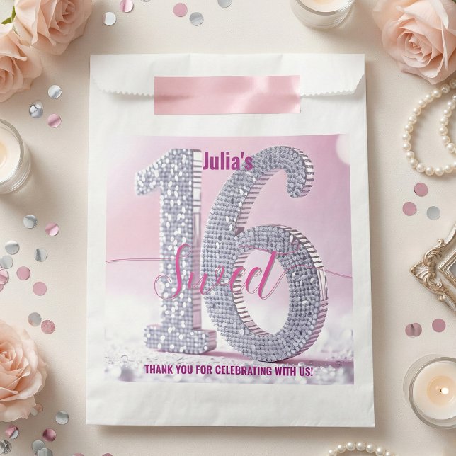 Pink Silver Faux Glitter Diamond Sweet 16 Favour Bags (Creator Uploaded)
