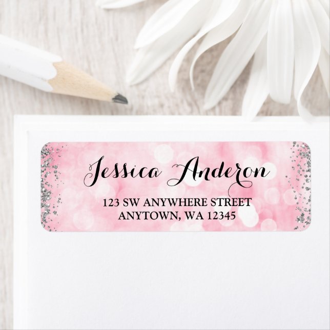 Pink Silver Faux Glitter Lights Return Address (Insitu)