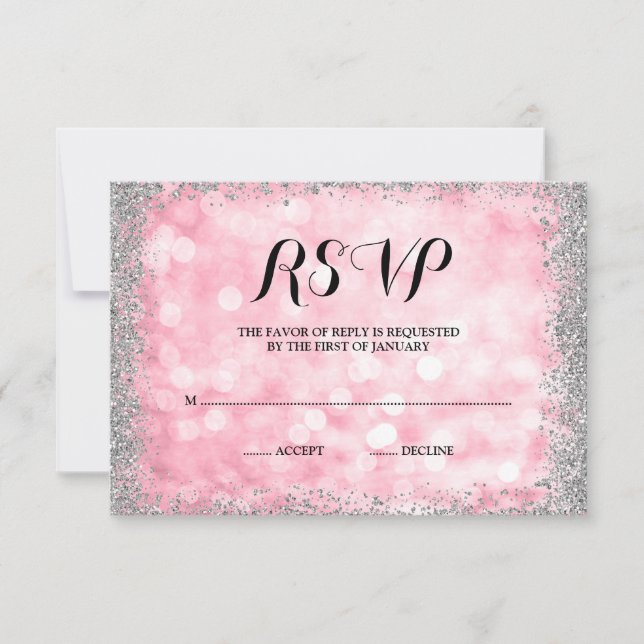 Pink Silver Faux Glitter Lights RSVP (Front)