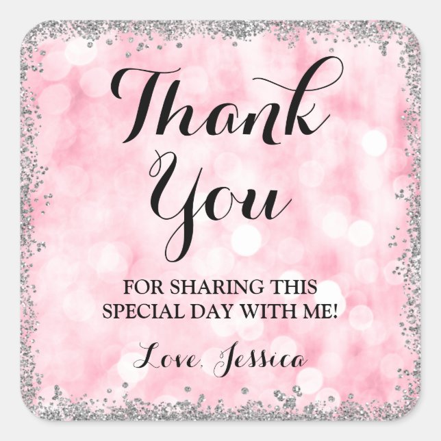 Pink Silver Faux Glitter Lights Thank You Square Sticker (Front)