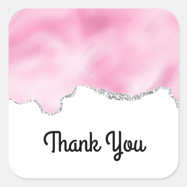 Pink & Silver Faux Glitter StylishThank You Square Sticker (Front)