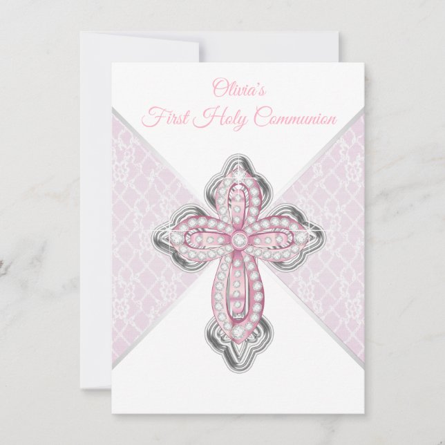 Pink Silver First Communion Invitations (Front)