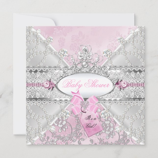 Pink Silver Floral Bow Baby Shower Diamonds Invitation (Front)