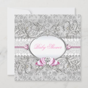 Pink & Silver Floral Bow Baby Shower Invitation