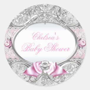 Pink & Silver Floral Bow Baby Shower Sticker
