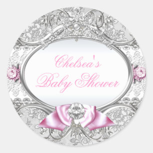 Pink & Silver Floral Bow Baby Shower Sticker