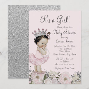 Pink Silver Floral Princess Baby Shower Invitation