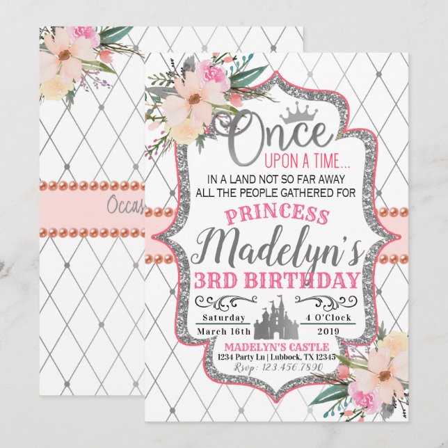Pink Silver Floral Princess Birthday Invitation (Front/Back)