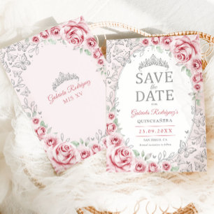 Pink Silver Floral Quinceanera Save The Date