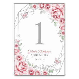 Pink Silver Floral Quinceanera Table Number