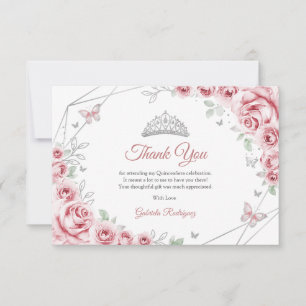 Pink Silver Floral Quinceanera Thank You Card